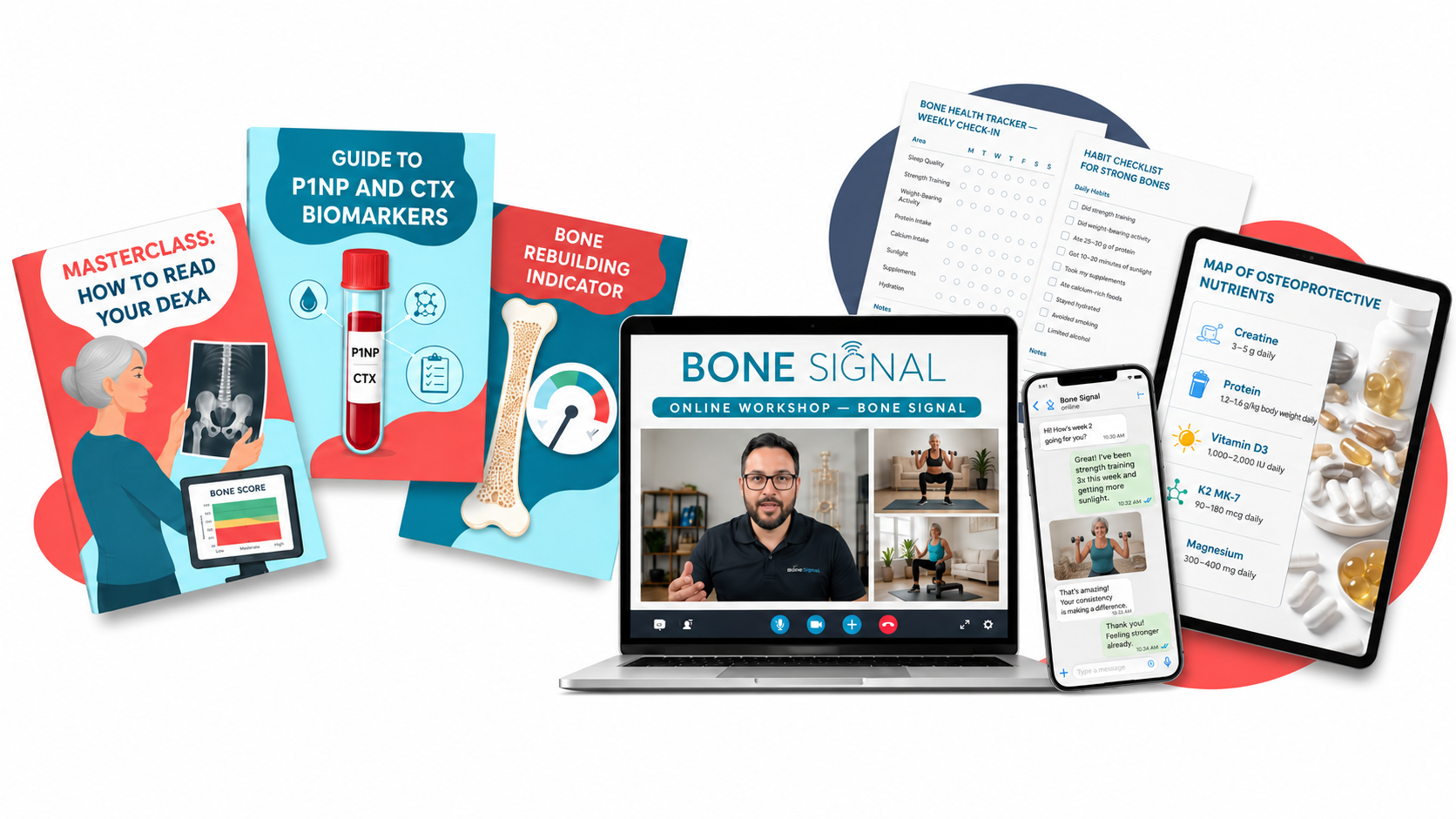 Everything Bone Signal includes: live workshop, masterclass to read your DEXA, biomarker guides, rebuilding indicator, trackers, and nutrient map
